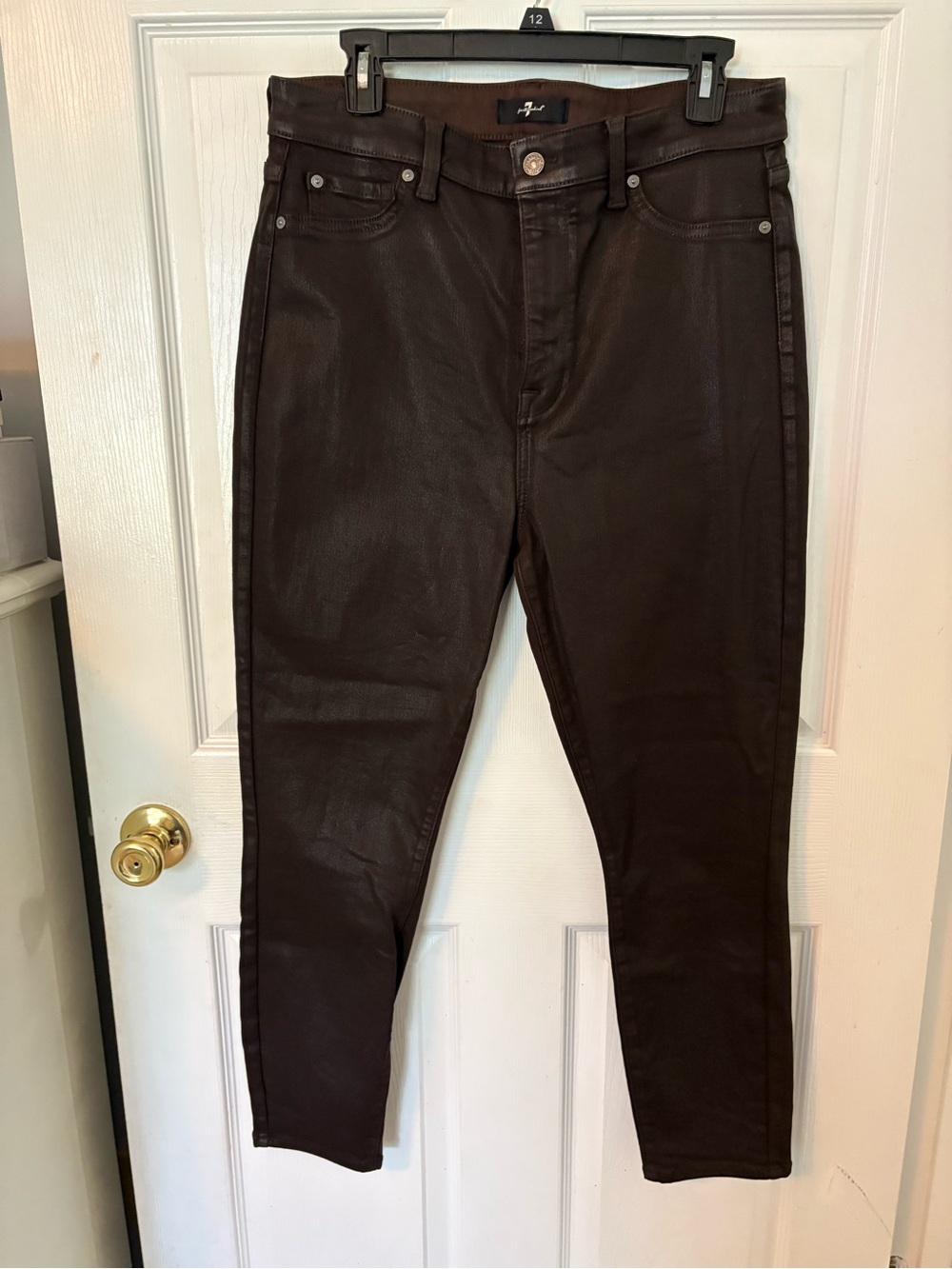 7 For All Mankind High-Waist Coated Skinny Jeans in a chocolate brown
